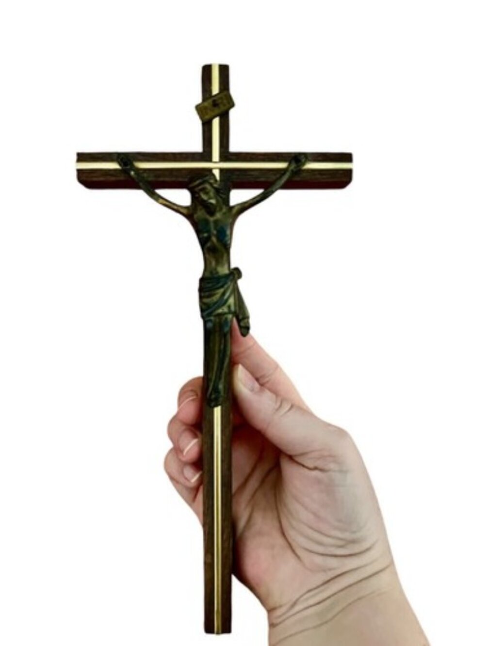 Vintage Wall Cross Crucifix Brass & Wood 10x5 – German Christian Decor 10” X 5”
